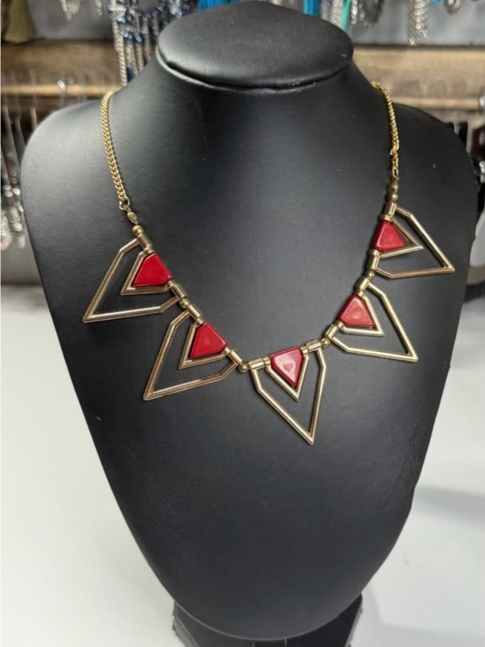 Gold Tone Necklace with Red Triangle Accents - Women Jewelry
